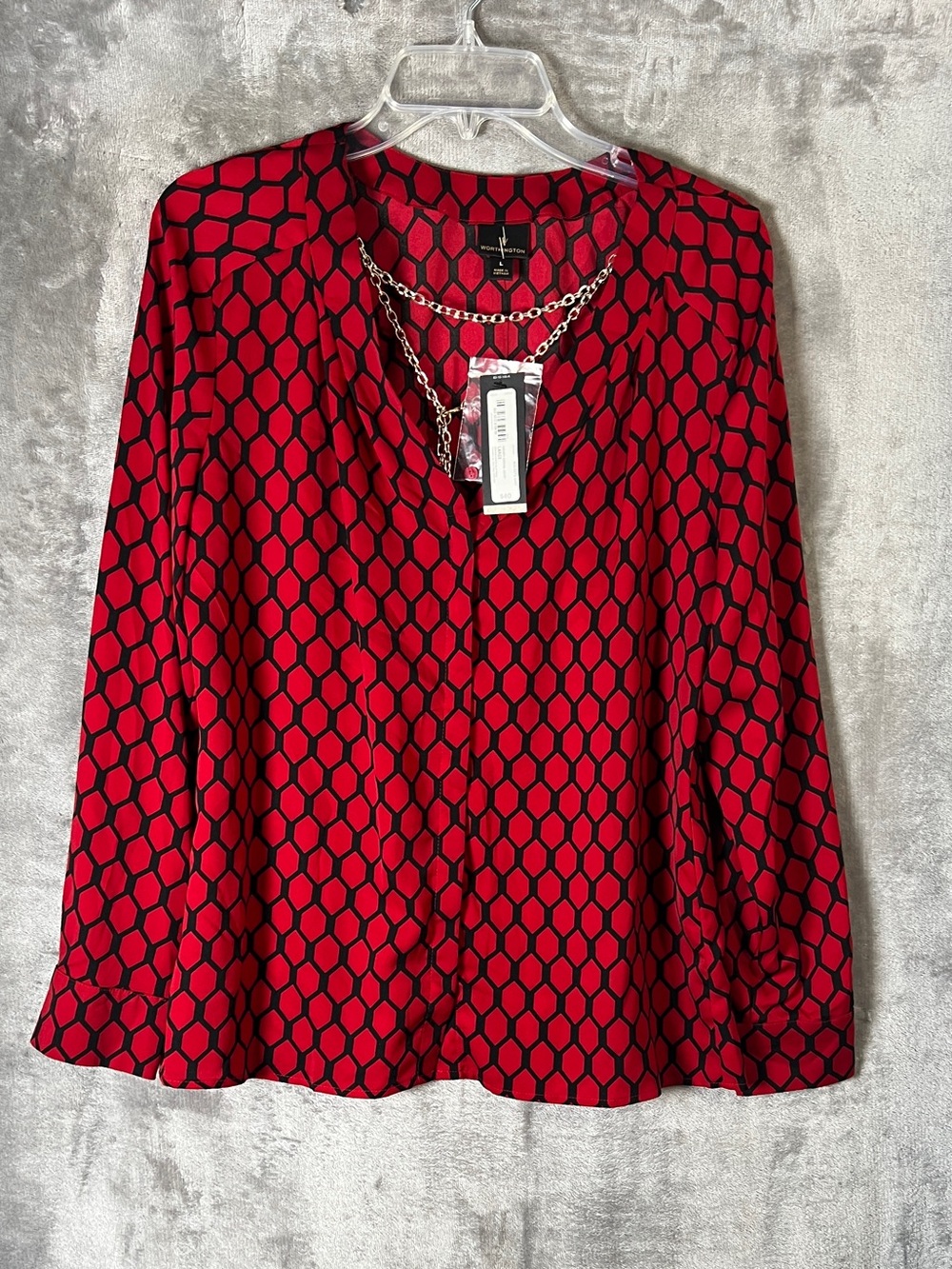 Worthington Red and Black Geometric V-Neck Blouse